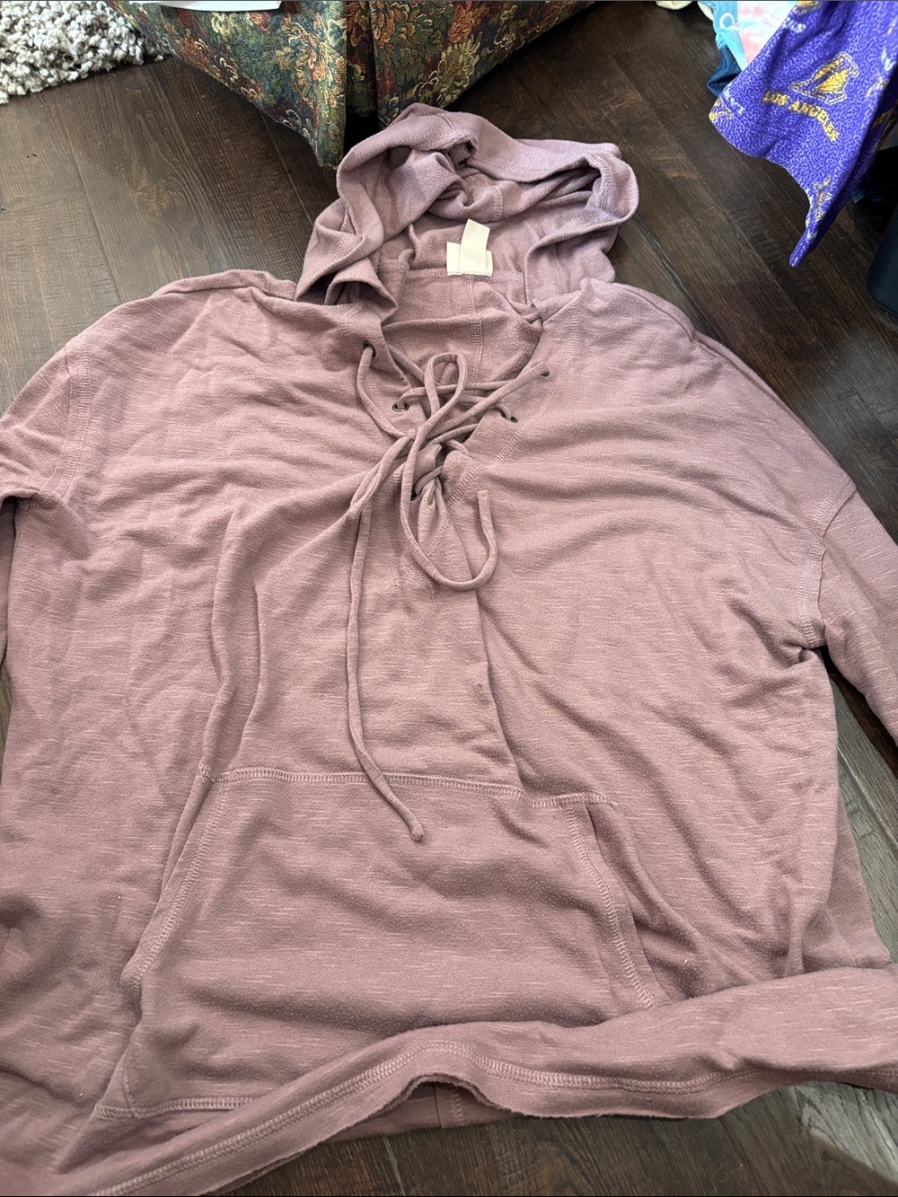 Womens Lace-Up Hooded Pullover Sweatshirt- Mauve
